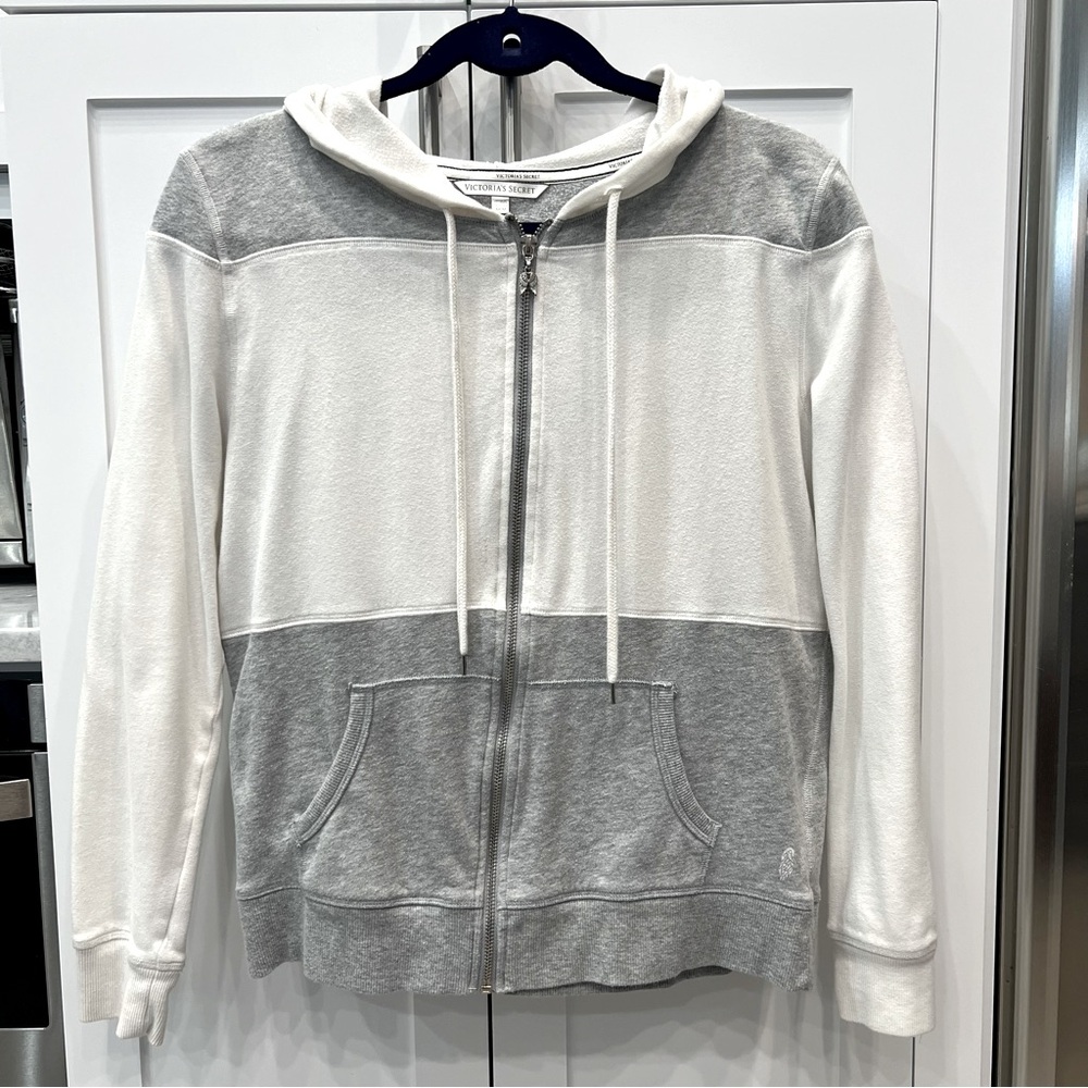 Victoria’s Secret White Gray Color Block Zippered Hoodie w/ Black Logo L…